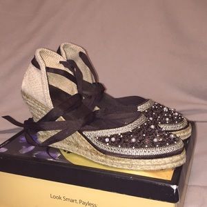 Pearl and bead embellished espadrilles